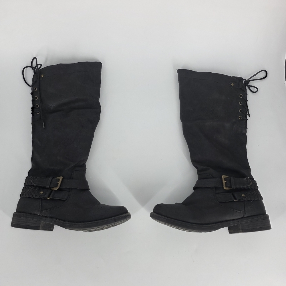 XOXO "Middleton" Black Faux Leather Over The Knee Boots Lace Up Back 6.5M